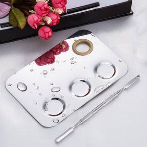 Stainless Steel Makeup Palette 3-Well Nail-art Palette Cosmetic Mixing Palette with Spatula Tool QS888