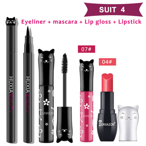 Beauty Makeup Sets Cat Style Long Lasting Matte Lipstick Moisture Lip Gloss Long Thick Black Mascara Eyeliner Cosmetics
