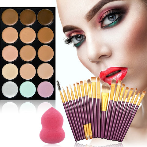 22PCS/Set 15 Colors Cream Powder Face Palette Foundation Makeup Concealer Palette with Sponge Puff 20Pcs Powder Brushes props
