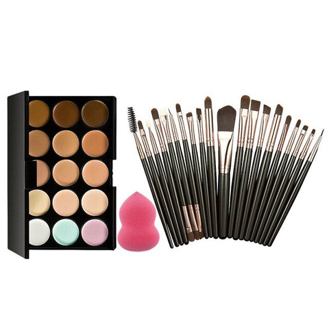 22PCS/Set 15 Colors Cream Powder Face Palette Foundation Makeup Concealer Palette with Sponge Puff 20Pcs Powder Brushes props
