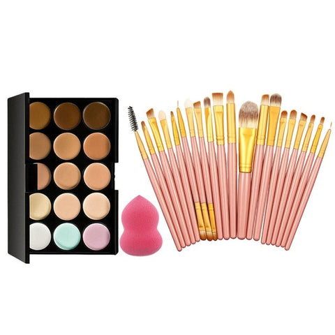 22PCS/Set 15 Colors Cream Powder Face Palette Foundation Makeup Concealer Palette with Sponge Puff 20Pcs Powder Brushes props