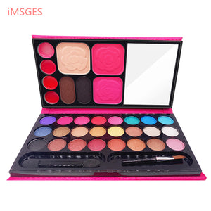 Makeup Set 24 Color Shimmer Eyeshadow Palette 2 Blusher 4 Color Lipstick 2 Eyebrow Powder Face Skin Finish Powder with Brush D32