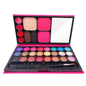 Makeup Set 24 Color Shimmer Eyeshadow Palette 2 Blusher 4 Color Lipstick 2 Eyebrow Powder Face Skin Finish Powder with Brush D32