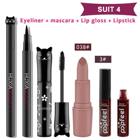 Beauty Makeup Sets Cosmetics Cat Series Long Thick Black Mascara Eyeliner Long Lasting Matte Lipstick Moisture Lip Gloss