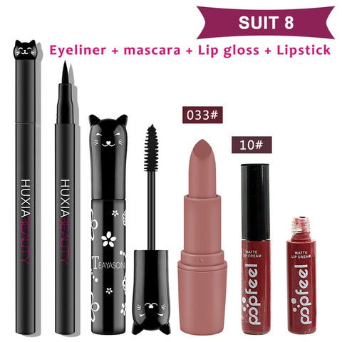 Beauty Makeup Sets Cosmetics Cat Series Long Thick Black Mascara Eyeliner Long Lasting Matte Lipstick Moisture Lip Gloss