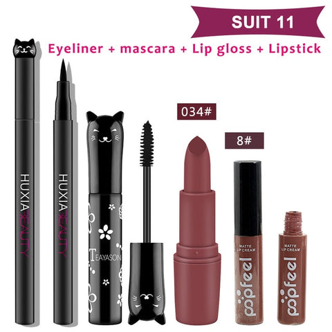 Beauty Makeup Sets Cosmetics Cat Series Long Thick Black Mascara Eyeliner Long Lasting Matte Lipstick Moisture Lip Gloss