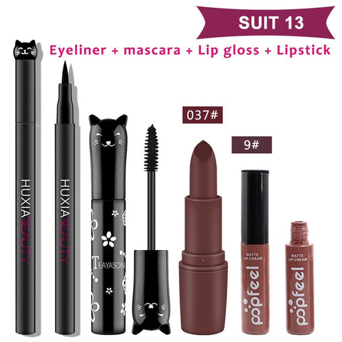 Beauty Makeup Sets Cosmetics Cat Series Long Thick Black Mascara Eyeliner Long Lasting Matte Lipstick Moisture Lip Gloss