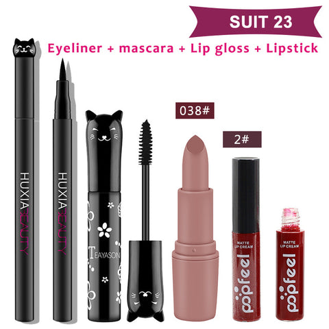 Beauty Makeup Sets Cosmetics Cat Series Long Thick Black Mascara Eyeliner Long Lasting Matte Lipstick Moisture Lip Gloss