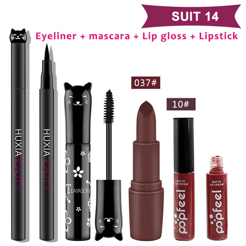 Beauty Makeup Sets Cosmetics Cat Series Long Thick Black Mascara Eyeliner Long Lasting Matte Lipstick Moisture Lip Gloss