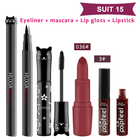Beauty Makeup Sets Cosmetics Cat Series Long Thick Black Mascara Eyeliner Long Lasting Matte Lipstick Moisture Lip Gloss