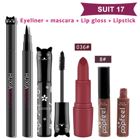 Beauty Makeup Sets Cosmetics Cat Series Long Thick Black Mascara Eyeliner Long Lasting Matte Lipstick Moisture Lip Gloss