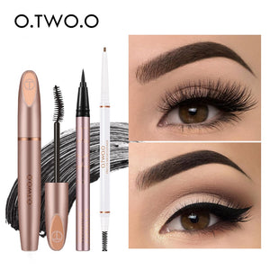 O.TWO.O 3pcs Eyes Makeup Set Ultra Fine 1.5mm Eyebrow Lengthening Mascara Long Lasting Waterproof Eyeliner Cosmetic Kit Makeup