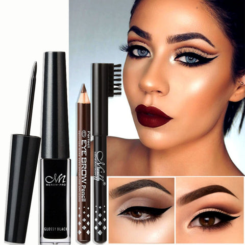 Makeup Set Waterproof Long Lasting Eyeliner Liquid +2pcs Eyebrow Pencils Makeup Kit Professional Eye Makeup