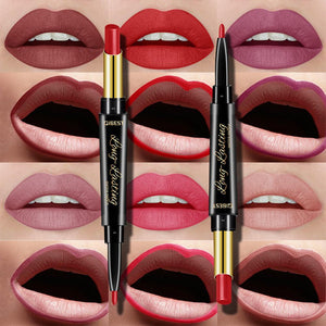 QiBest 2 in 1 Matte Lip Stick Lipliner Lip Liner Pencil Matt Nude Lips liner Pen Set Beauty Makeup Tool Cosmetic