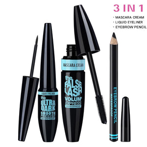 3pcs Eyes Makeup Set Ultra Fine Eyebrow Lengthening Mascara Long Lasting Waterproof Eyeliner Cosmetic Kit