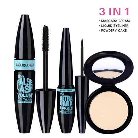 3pcs Eyes Makeup Set Eyebrow Lengthening Curling Mascara Long Lasting Waterproof Eyeliner Pressed powder Best Gift For Girl