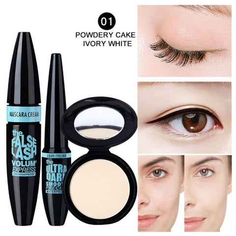 3pcs Eyes Makeup Set Eyebrow Lengthening Curling Mascara Long Lasting Waterproof Eyeliner Pressed powder Best Gift For Girl