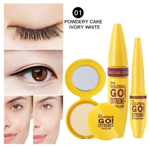 3pcs Eyes Makeup Set Eyebrow Lengthening Curling Mascara Long Lasting Waterproof Eyeliner Pressed powder Best Gift For Girl