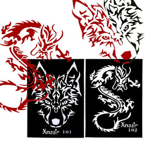 2pcs Large Size Glitter Airbrush Tattoo Stencils Men Drawing Template, Big Wolf Dragon Arm Back Sticker Body Paint 21 * 14.3cm
