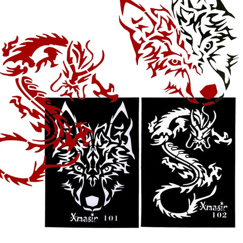 2pcs Large Size Glitter Airbrush Tattoo Stencils Men Drawing Template, Big Wolf Dragon Arm Back Sticker Body Paint 21 * 14.3cm