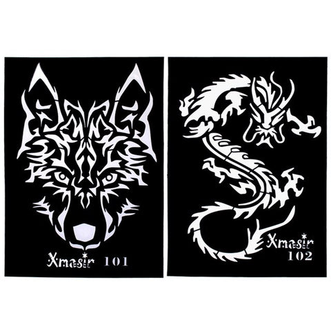 2pcs Large Size Glitter Airbrush Tattoo Stencils Men Drawing Template, Big Wolf Dragon Arm Back Sticker Body Paint 21 * 14.3cm