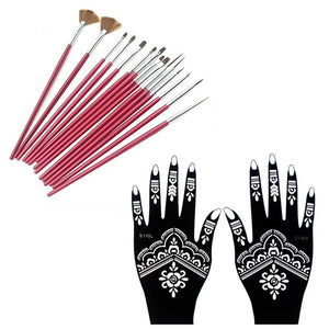 15PCS Face Body Paint Brushes With Henna Stencils Set Professional Nylon Hair Painting Nail Brush For Body Art Tattoo Templates