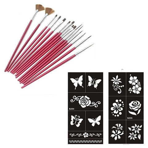 15PCS Face Body Paint Brushes With Henna Stencils Set Professional Nylon Hair Painting Nail Brush For Body Art Tattoo Templates