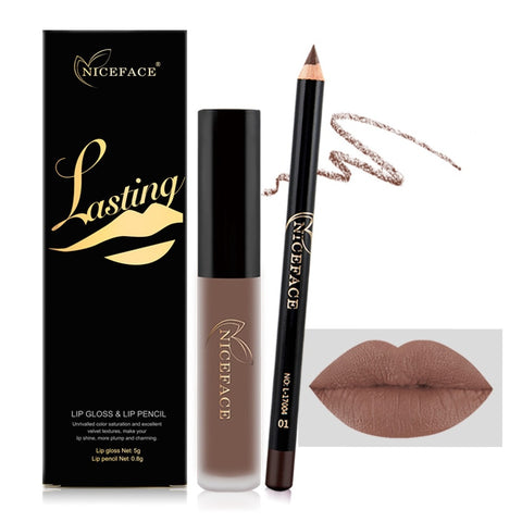 2019 Matte Liquid Lipgloss with Lip Liner Pen Set Long Lasting Nude Makeup Lipstick